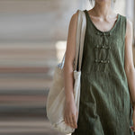 Buddha Stones Frog-Button Ramie Linen Women's Sleeveless Knee Length Dress With Pockets