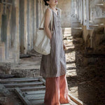 Buddha Stones Frog-Button Ramie Linen Women's Sleeveless Knee Length Dress With Pockets