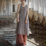 Buddha Stones Frog-Button Ramie Linen Women's Sleeveless Knee Length Dress With Pockets