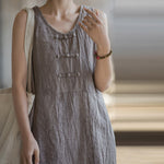 Buddha Stones Frog-Button Ramie Linen Women's Sleeveless Knee Length Dress With Pockets