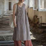 Buddha Stones Frog-Button Ramie Linen Women's Sleeveless Knee Length Dress With Pockets
