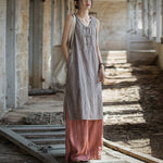 Buddha Stones Frog-Button Ramie Linen Women's Sleeveless Knee Length Dress With Pockets