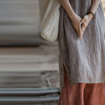 Buddha Stones Frog-Button Ramie Linen Women's Sleeveless Knee Length Dress With Pockets