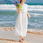 Buddha Stones Solid Color Embroidery Short Sleeve Cotton Midi Dress With Pockets
