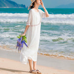 Buddha Stones Solid Color Embroidery Short Sleeve Cotton Midi Dress With Pockets