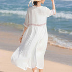 Buddha Stones Solid Color Embroidery Short Sleeve Cotton Midi Dress With Pockets