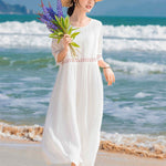 Buddha Stones Solid Color Embroidery Short Sleeve Cotton Midi Dress With Pockets