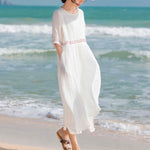 Buddha Stones Solid Color Embroidery Short Sleeve Cotton Midi Dress With Pockets