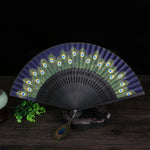 Buddha Stones Peacock Feather Handheld Bamboo Folding Fan 21.5cm