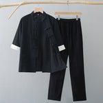 Buddha Stones Traditional Frog Tang Suit Cotton Half Sleeve Top Pants Clothing Men's Set