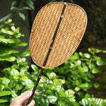 Buddha Stones Chinese Style Handmade Bamboo Woven Oval Round Banana Conical Shape Long Handle Fan