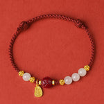 Buddha Stones Fu Character Jade Cinnabar 24K Gold Plated Luck Red String Bracelet
