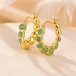Buddha Stones 925 Sterling Silver Plated Gold Hetian Cyan Jade Pea Ear Clip Prosperity Earrings  (Extra 30% Off | USE CODE: FS30)