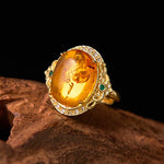 Buddha Stones Amber Flower Pigeon Egg Pattern Focus Ring