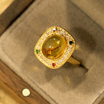 Buddha Stones Natural Amber Flower Square Support Full Diamond Confidence Ring