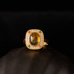 Buddha Stones Natural Amber Flower Square Support Full Diamond Confidence Ring