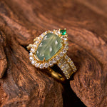 Buddha Stones Copper Plated Gold Natural Jade Leaf Full Diamond Luck Adjustable Ring