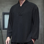 Buddha Stones Simple V-Neck Long Sleeve T-Shirt Men Clothing