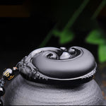 Buddha Stones Natural Black Obsidian PiXiu Oval Pattern Strength Necklace Pendant
