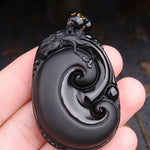 Buddha Stones Natural Black Obsidian PiXiu Oval Pattern Strength Necklace Pendant