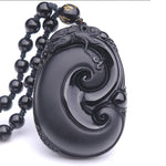 Buddha Stones Natural Black Obsidian PiXiu Oval Pattern Strength Necklace Pendant