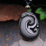 Buddha Stones Natural Black Obsidian PiXiu Oval Pattern Strength Necklace Pendant
