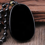 Buddha Stones Natural Black Obsidian PiXiu Oval Pattern Strength Necklace Pendant