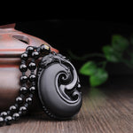 Buddha Stones Natural Black Obsidian PiXiu Oval Pattern Strength Necklace Pendant