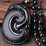 Buddha Stones Natural Black Obsidian PiXiu Oval Pattern Strength Necklace Pendant