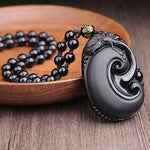 Buddha Stones Natural Black Obsidian PiXiu Oval Pattern Strength Necklace Pendant