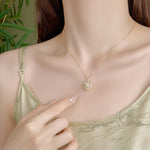 Buddha Stones 925 Sterling Silver Magnolia Butterfly Hetian Jade Four Leaf Clover Blessing Earrings Necklace Pendant