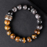 Buddha Stones Natural Silver Sheen Obsidian Tiger's Eye Six True Words 'Om Mani Padme Hum' Strength Bracelet