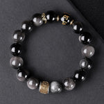 Buddha Stones Natural Silver Sheen Obsidian Tiger's Eye Six True Words 'Om Mani Padme Hum' Strength Bracelet
