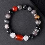 Buddha Stones Natural Silver Sheen Obsidian Tiger's Eye Six True Words 'Om Mani Padme Hum' Strength Bracelet