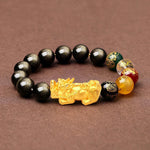 Buddha Stones Natural Gold Sheen Obsidian PiXiu Five Directions Gods of Wealth Protection Bracelet