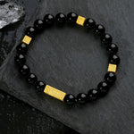 Buddha Stones Black Obsidian 925 Sterling Silver Fu Character Cube Strength Bracelet