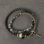 Buddha Stones Gold Sheen Obsidian Black Rutilated Quartz Copper Brass Double Wrap Protection Bracelet