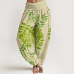 Buddha Stones Cotton Green Leaves Branches Women's Elastic Waist Harem Pants