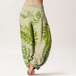 Buddha Stones Cotton Green Leaves Branches Women's Elastic Waist Harem Pants