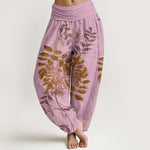 Buddha Stones Cotton Green Leaves Branches Women's Elastic Waist Harem Pants