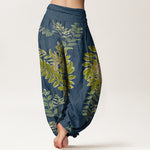 Buddha Stones Cotton Green Leaves Branches Women's Elastic Waist Harem Pants