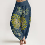 Buddha Stones Cotton Green Leaves Branches Women's Elastic Waist Harem Pants