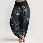 Buddha Stones Cotton Small White Blossoms Green Leaves Women's Elastic Waist Harem Pants
