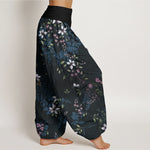 Buddha Stones Cotton Small White Blossoms Green Leaves Women's Elastic Waist Harem Pants