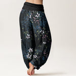 Buddha Stones Cotton Small White Blossoms Green Leaves Women's Elastic Waist Harem Pants