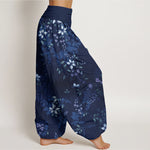 Buddha Stones Cotton Small White Blossoms Green Leaves Women's Elastic Waist Harem Pants