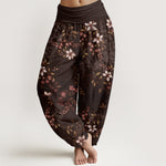 Buddha Stones Cotton Small White Blossoms Green Leaves Women's Elastic Waist Harem Pants