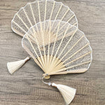 Buddha Stones Rose Embroidery Lace Shell Shape Tassels Handheld Bamboo Folding Fan