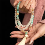 Buddha Stones 108 Mala Beads Natural White Jade Amazonite White Tassel Healing Bracelet