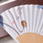 Buddha Stones Chinese Characters Ink Painting Lotus Flower Leaf Landscape Handheld Huayao Crepe Polyester Bamboo Folding Fan 23.3cm